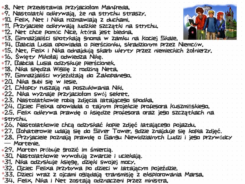 Bohaterowie:
Felix Polon- jeden z trzech głównych bohaterów lektury, uczeń
klasy 1a, 13-letni blondyn o piwnych oczach i szczupłej sylwetce.