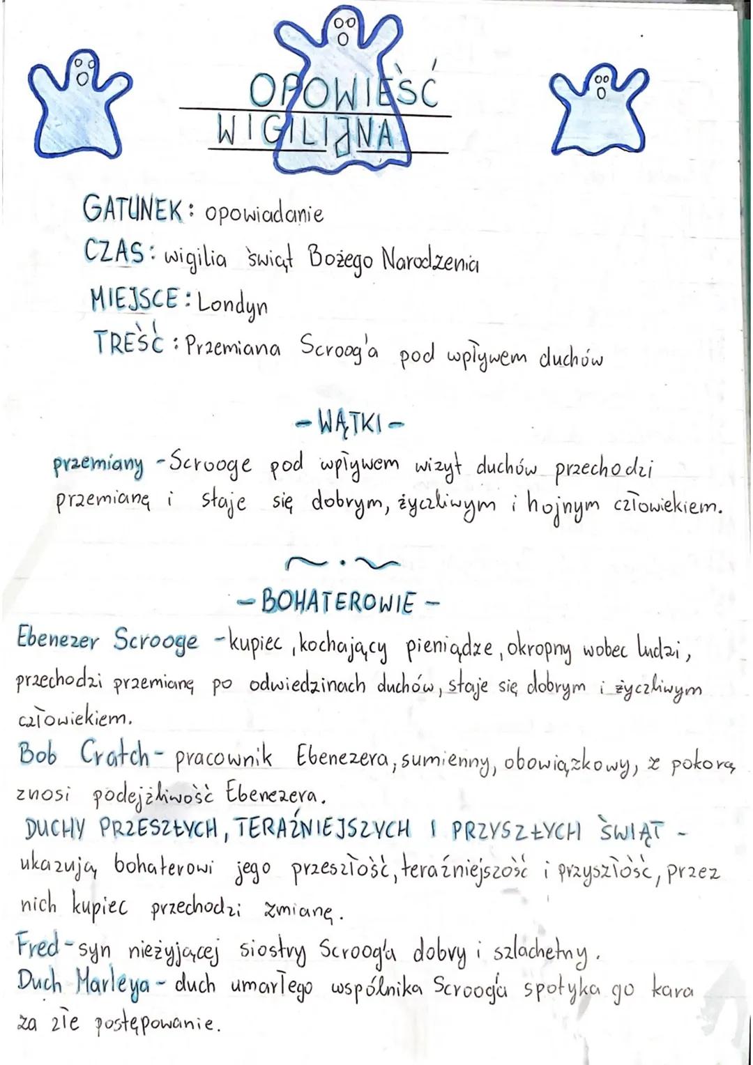 ☆
00
O
OPOWIEŚĆ
WIGILIJNA
GATUNEK: opowiadanie
CZAS: wigilia świąt Bożego Narodzenia
00
☆
MIEJSCE: Londyn
TRESC: Przemiana Scroog'a pod wpły