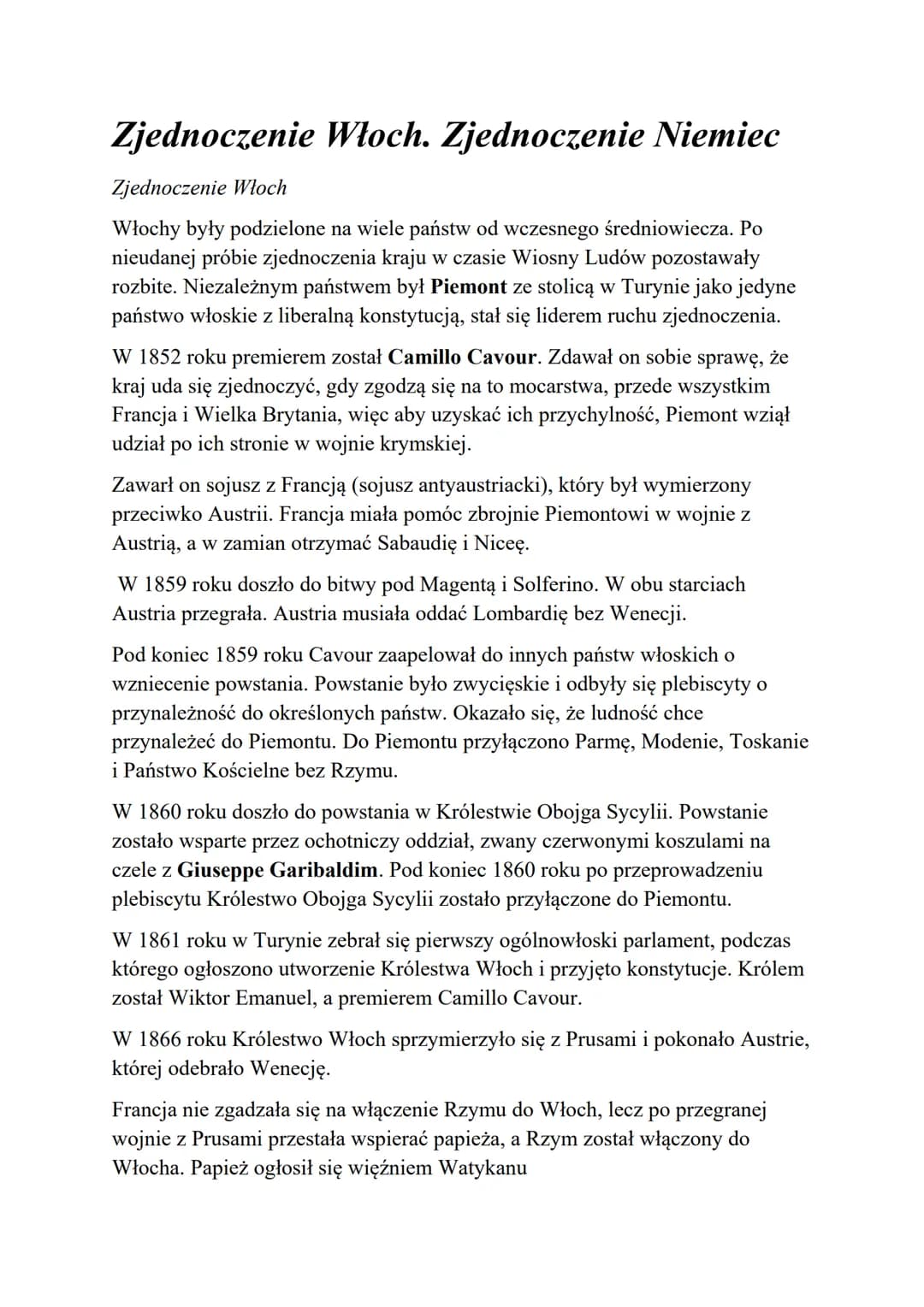 Zjednoczenie Włoch. Zjednoczenie Niemiec
Zjednoczenie Włoch
Włochy były podzielone na wiele państw od wczesnego średniowiecza. Po
nieudanej 
