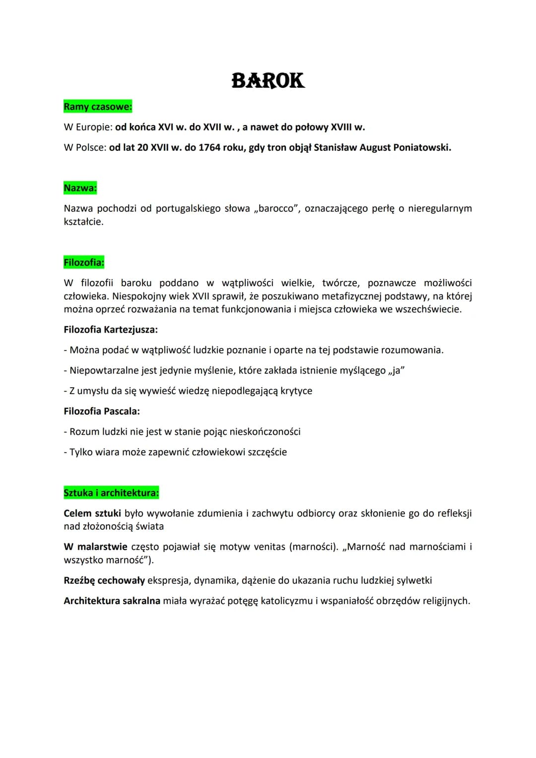 BAROK
Ramy czasowe:
W Europie: od końca XVI w. do XVII w., a nawet do połowy XVIII w.
W Polsce: od lat 20 XVII w. do 1764 roku, gdy tron obj