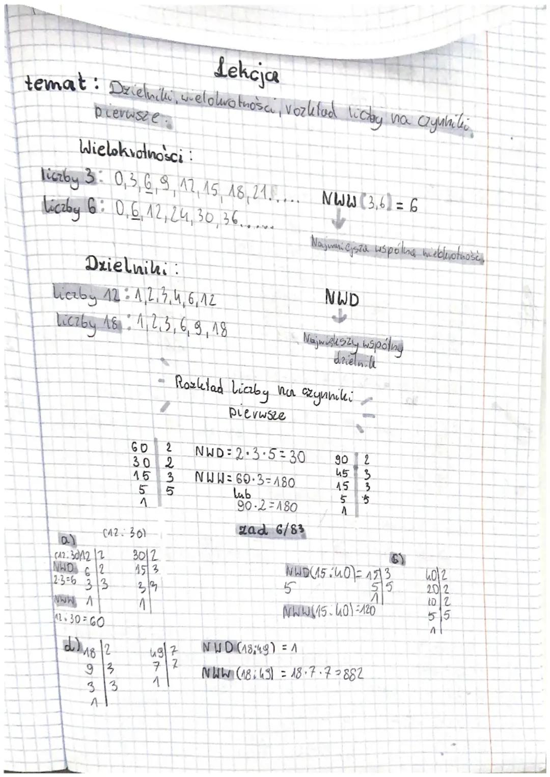 Notatka z tematu dzielniki,wielokrotności i rozkład liczby na czynniki pierwsze 
