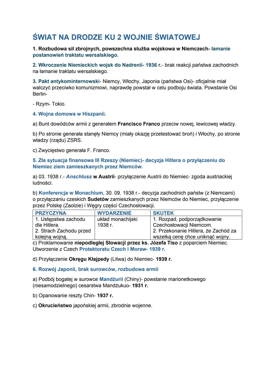 # ŚWIAT NA DRODZE KU 2 WOJNIE ŚWIATOWEJ
1. Rozbudowa sił zbrojnych, powszechna służba wojskowa w Niemczech- łamanie
postanowień traktatu wer