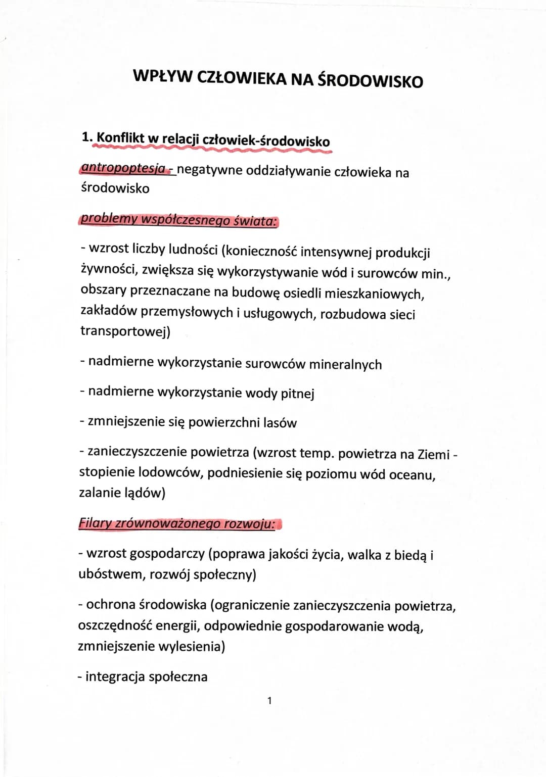 WPŁYW CZŁOWIEKA NA ŚRODOWISKO
1. Konflikt w relacji człowiek-środowisko
antropoptesja - negatywne oddziaływanie człowieka na
środowisko
PROD