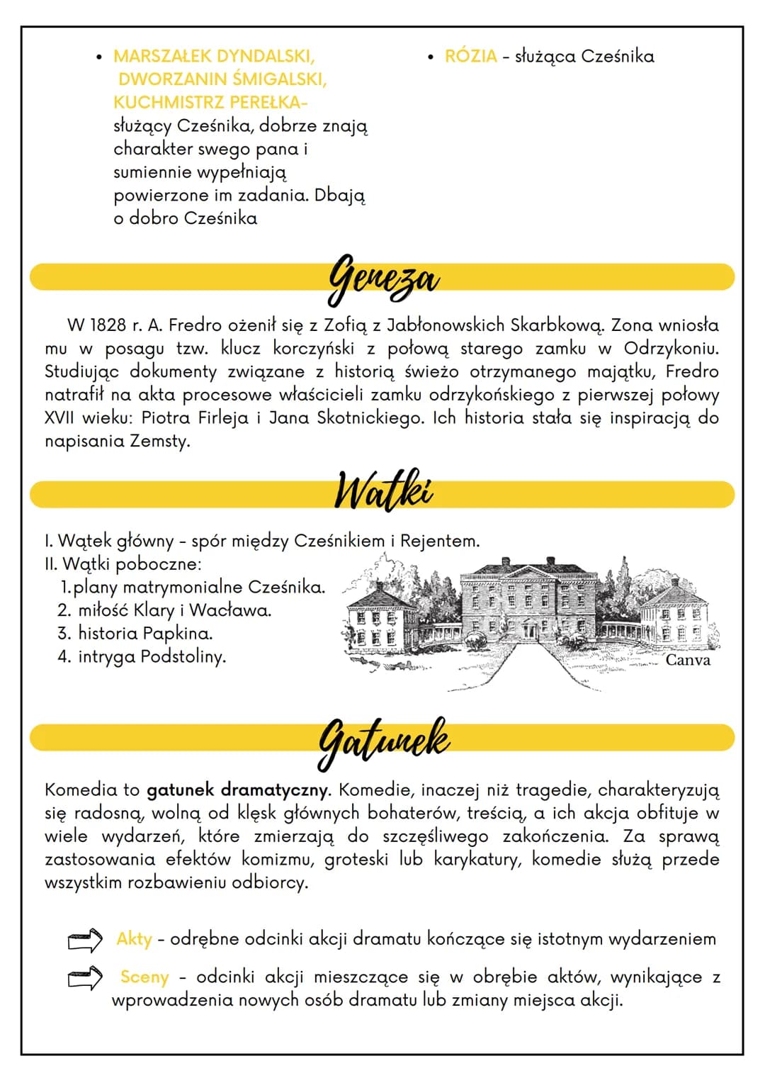 ZEMSTA
Rodzaj literacki:
Dramat
ALEKSANDER FREDRO
Gatunek literacki:
Komedia
Miejsce akcji:
W zamku, na
ziemiach dawnej
Polski
Bohaterowie
R