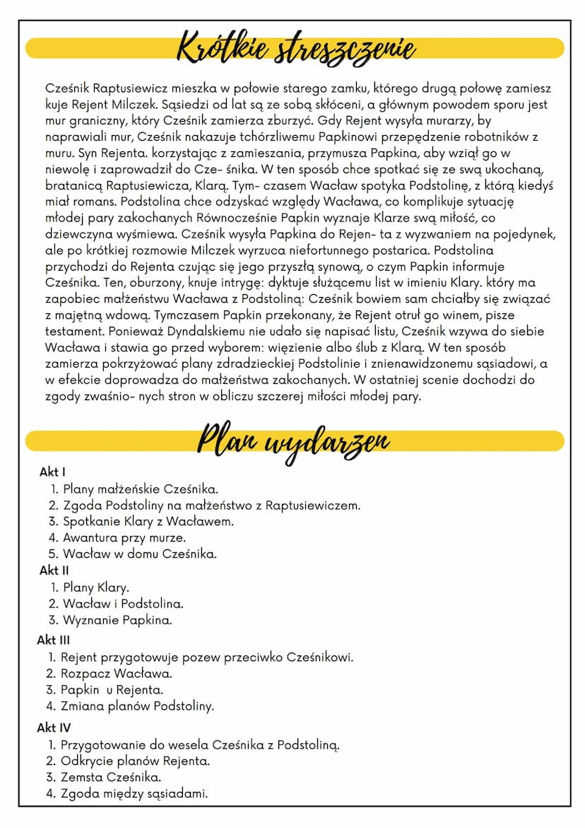 ZEMSTA
Rodzaj literacki:
Dramat
ALEKSANDER FREDRO
Gatunek literacki:
Komedia
Miejsce akcji:
W zamku, na
ziemiach dawnej
Polski
Bohaterowie
R