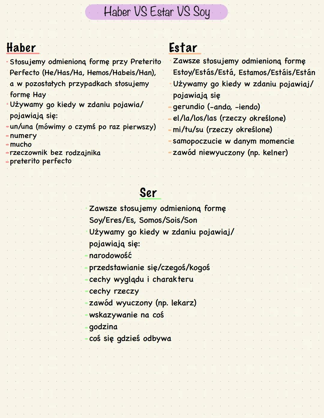 Haber VS Estar VS Soy.
Haber
Stosujemy odmienioną formę przy Preterito
Perfecto (He/Has/Ha, Hemos/Habeis/Han),
a w pozostałych przypadkach s