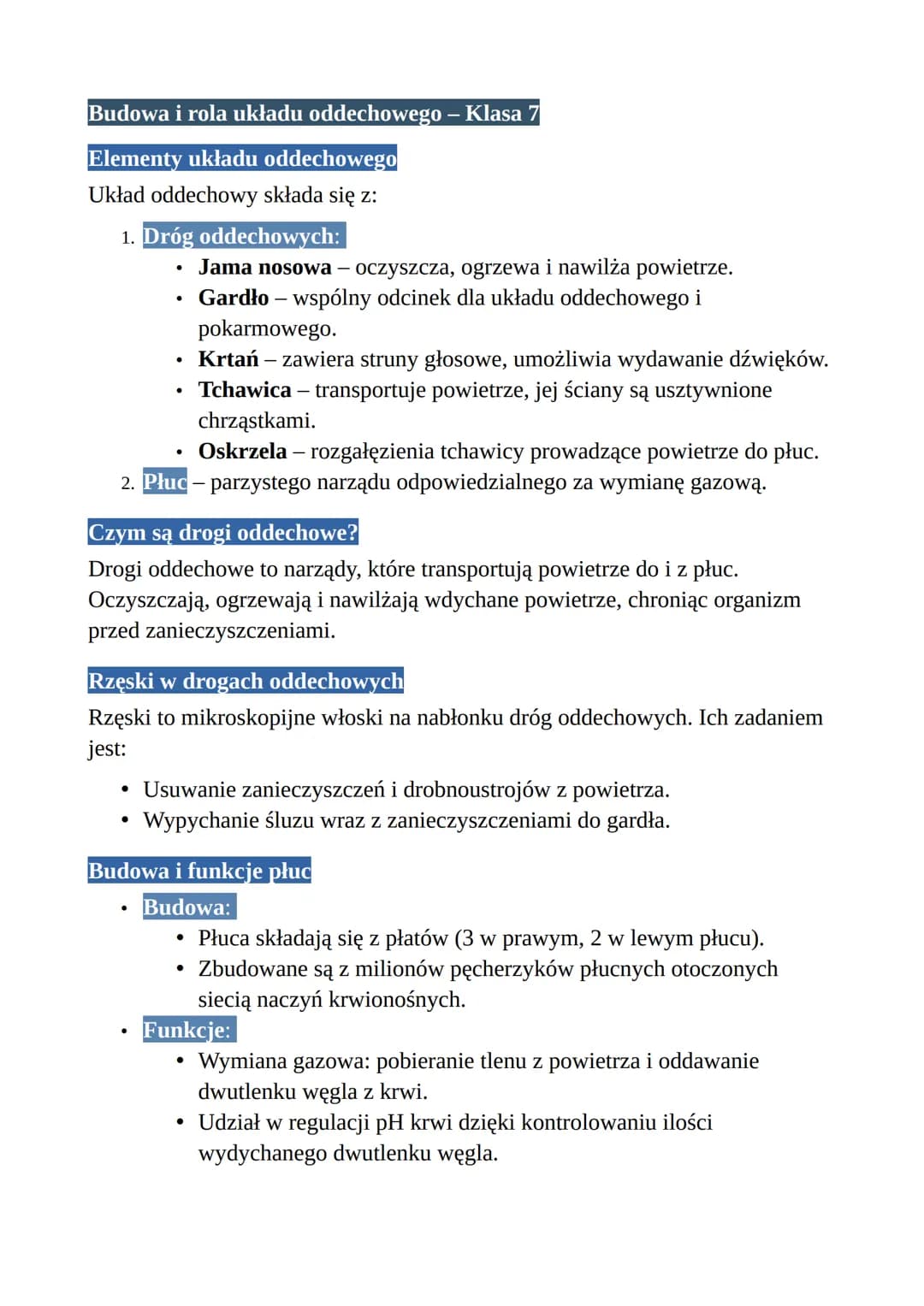 Budowa i rola układu oddechowego – Klasa 7
Elementy układu oddechowego
Układ oddechowy składa się z:
1. Dróg oddechowych:
•
.
Jama nosowa - 