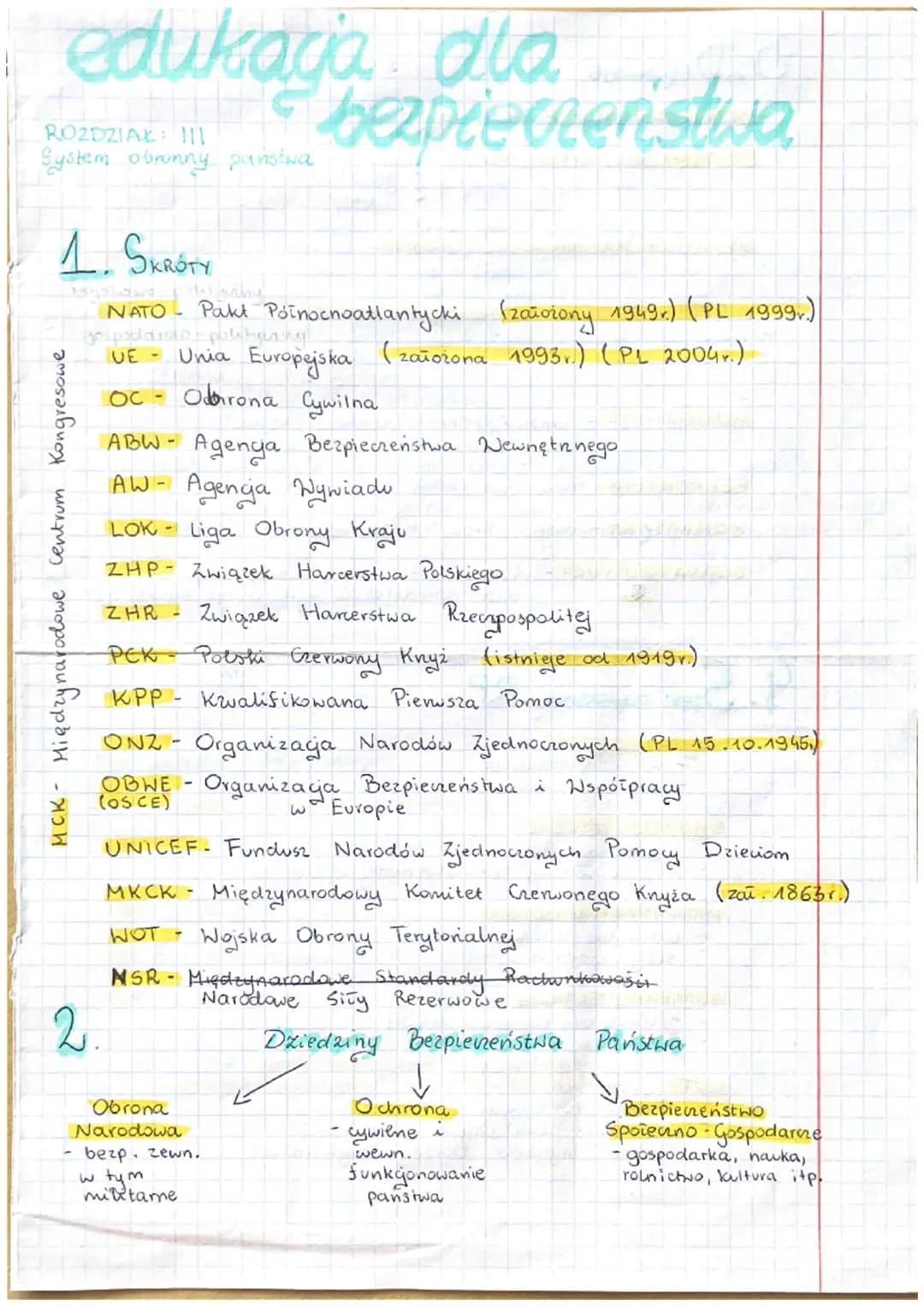 edukacja dla
bezpieczeństwa
ROZDZIAŁ: 111
System obronny państwa
1. SKRÓTY
NATO- Pakt Poinochoatlantycki (założony 1949.) (PL 1999.)
podarow