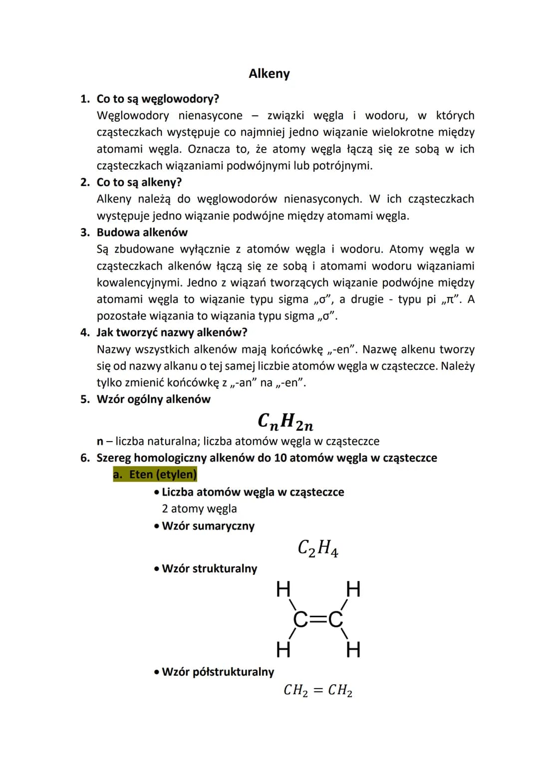 Alkeny
1. Co to są węglowodory?
Węglowodory nienasycone związki węgla i wodoru, w których
cząsteczkach występuje co najmniej jedno wiązanie 