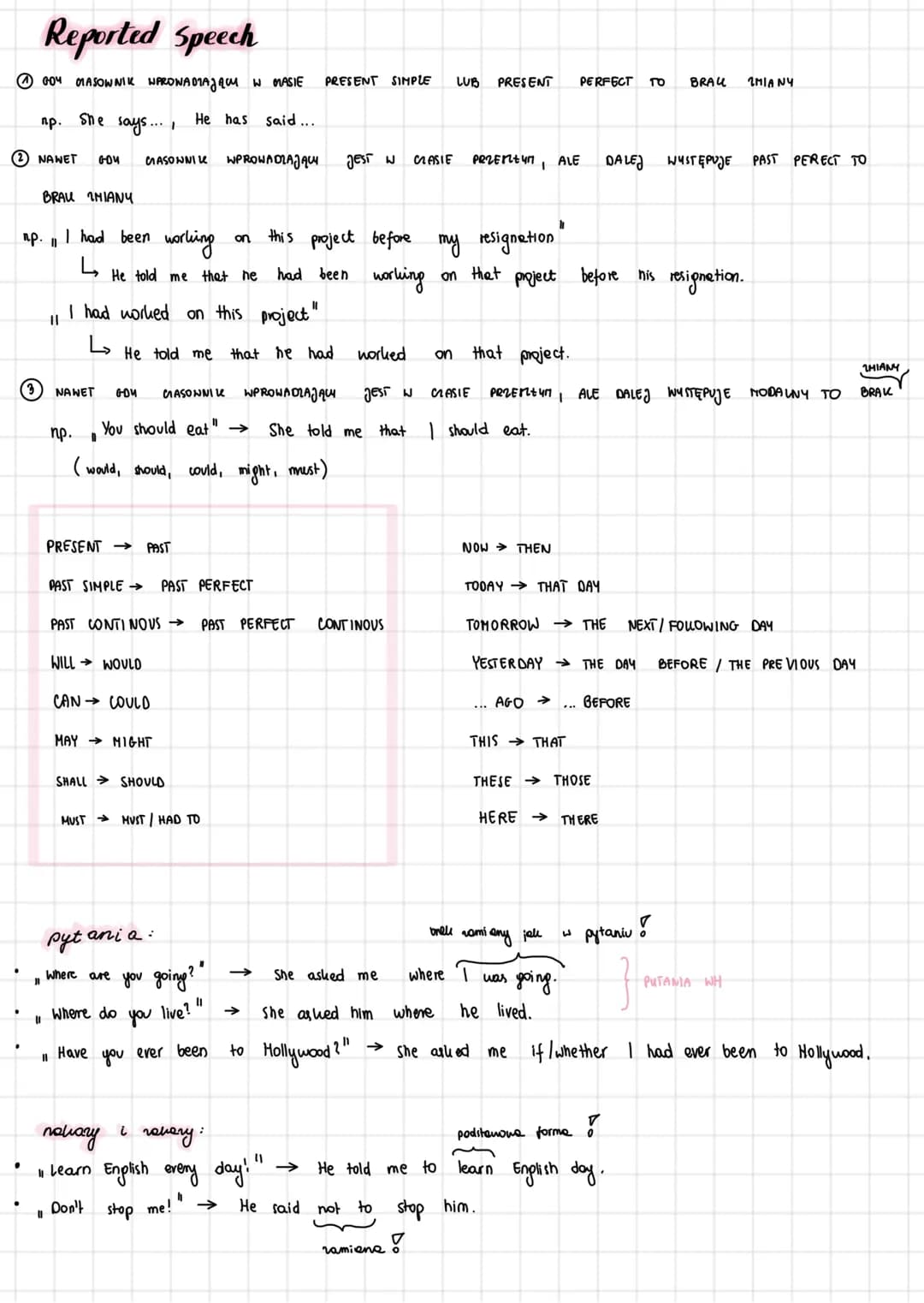 Reported Speech
①GOY MASOWNIK WPROWADZAJĄC W MASIE. PRESENT SIMPLE LUB PRESENT PERFECT TO BRAU ZMIANY
np. She says....
He has said...
2 NAWE