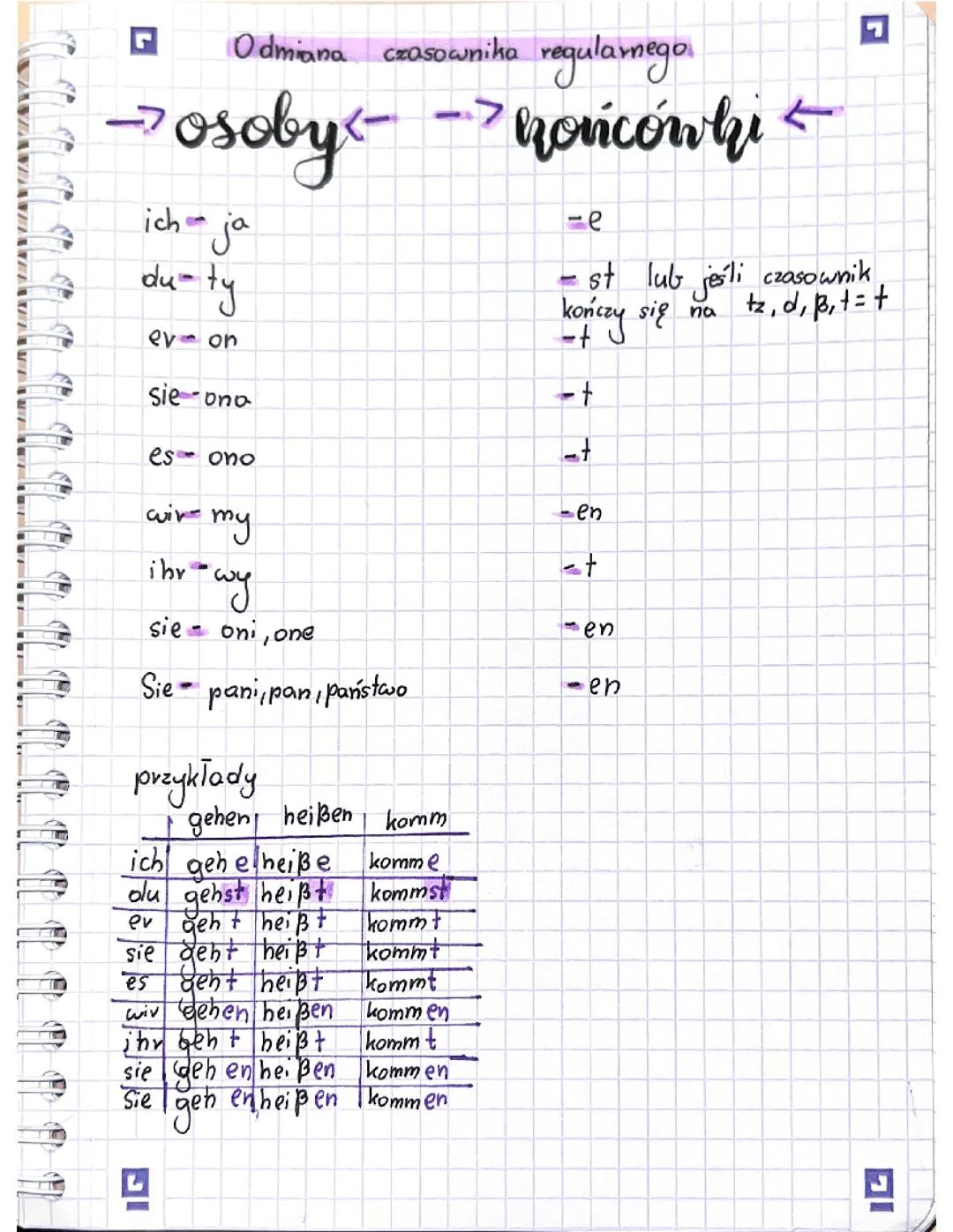 Odmiana czasownika regularnego w języku niemieckim dla klasy 7