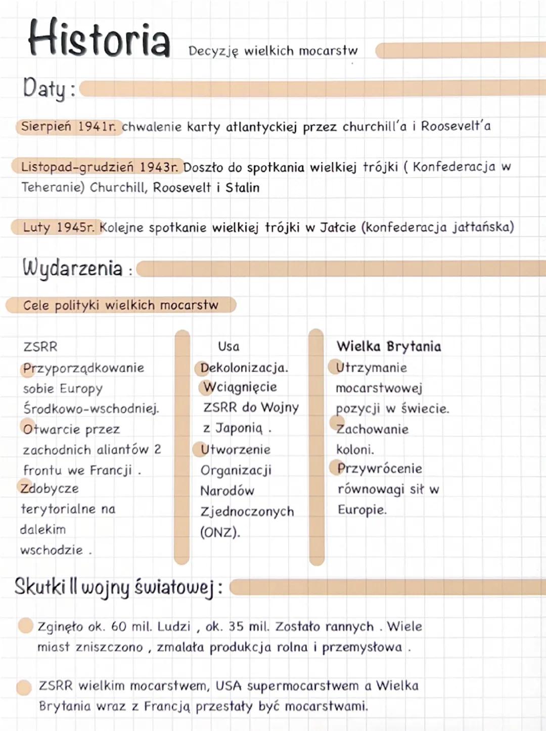 Historia
Daty:
Decyzję wielkich mocarstw
Sierpień 1941r. chwalenie karty atlantyckiej przez churchill'a i Roosevelt'a
Listopad-grudzień 1943