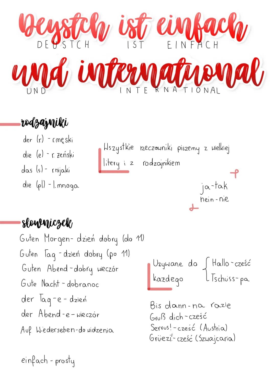 IST
Deystch ist einfach
und international
UND
rodzajniki
der (r) - męski
die (e) - rzeński
das (s)- nijaki
die (pl)-1.mnoga
Wszystkie rzeczo