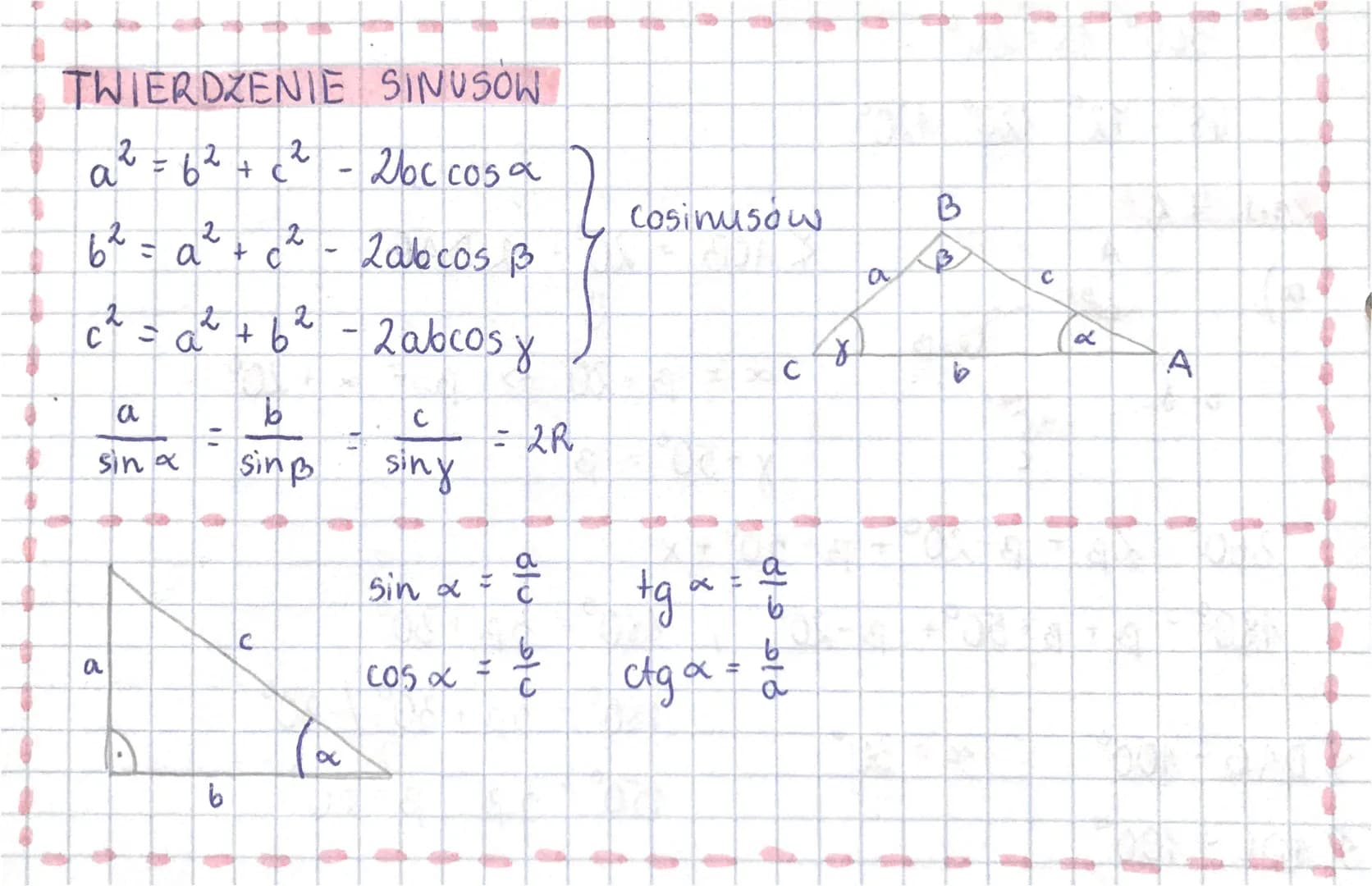 TWIERDZENIE SINUSON
2
a ² = 6²+(²
62
C
-2bc cosa
Labcos B
- 2abcos y
62
2
C
sin x
a
D
مع
2
= a
2
b
2
+ b
b
sin
C
2
४
с
sing
= 2R
Sin x =
cos