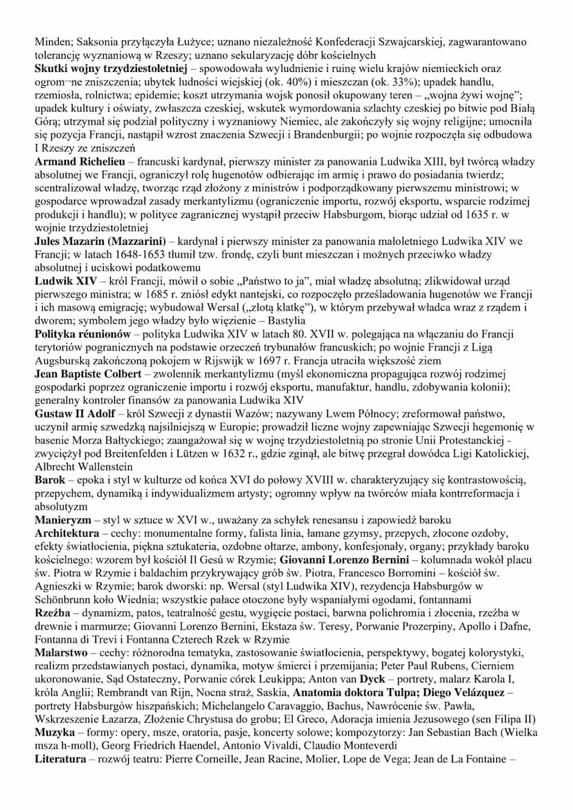 cala Europa:
1. kultura XVII-wiecznej Europy
2. wojna trzydziestoletnia
3. absolutyzm we Francji
4. monarchia parlamentarna w Anglii
Polska: