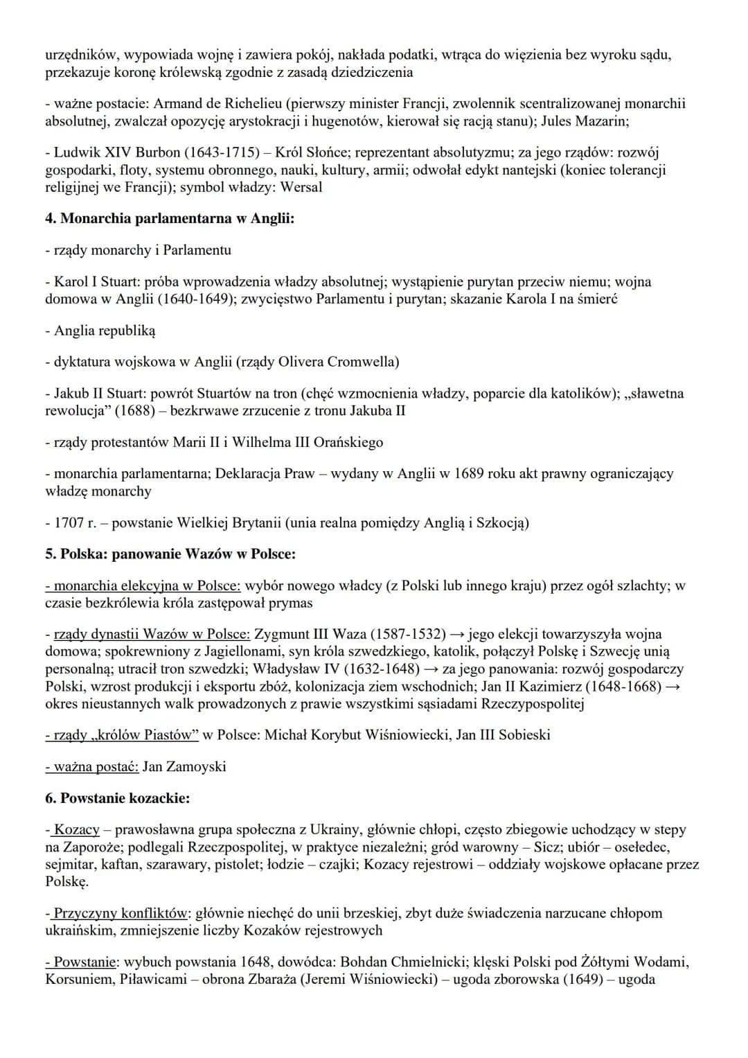 cala Europa:
1. kultura XVII-wiecznej Europy
2. wojna trzydziestoletnia
3. absolutyzm we Francji
4. monarchia parlamentarna w Anglii
Polska: