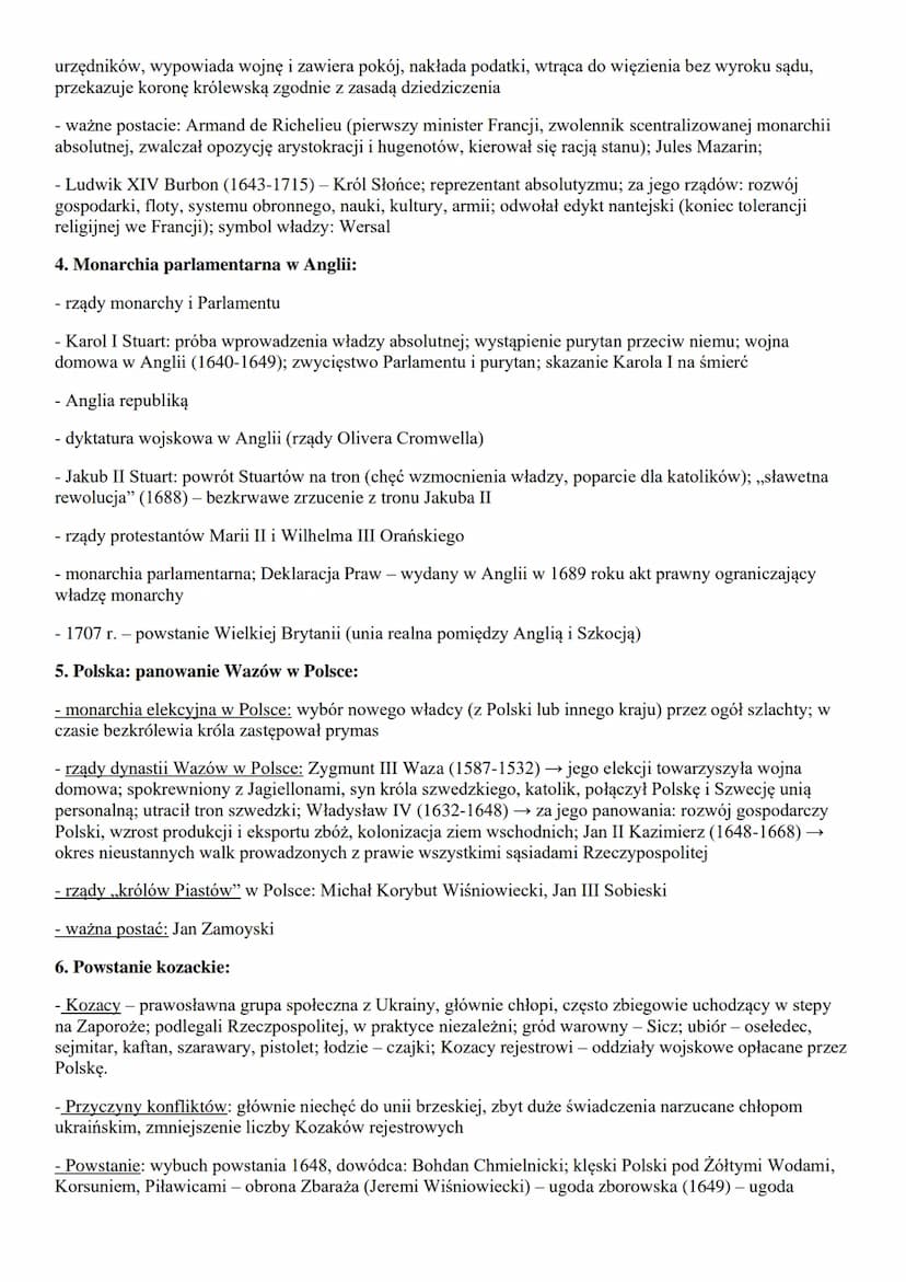 cala Europa:
1. kultura XVII-wiecznej Europy
2. wojna trzydziestoletnia
3. absolutyzm we Francji
4. monarchia parlamentarna w Anglii
Polska: