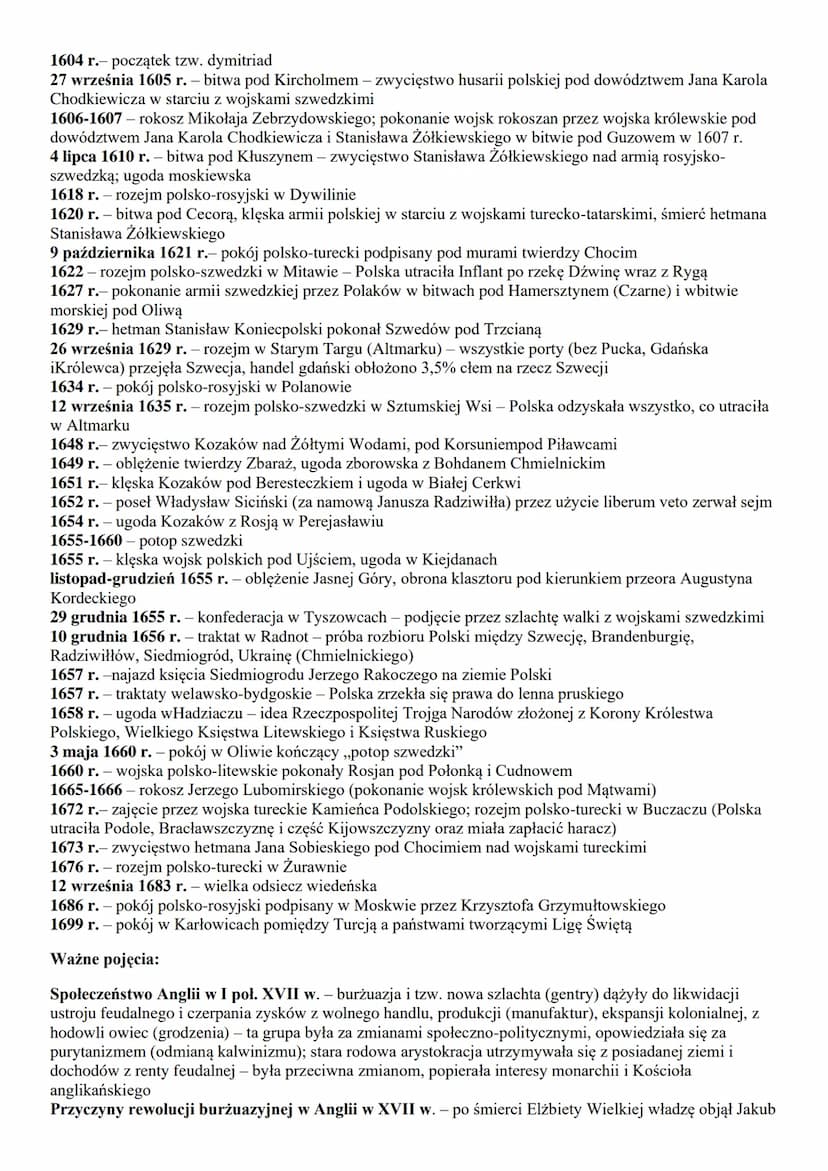 cala Europa:
1. kultura XVII-wiecznej Europy
2. wojna trzydziestoletnia
3. absolutyzm we Francji
4. monarchia parlamentarna w Anglii
Polska: