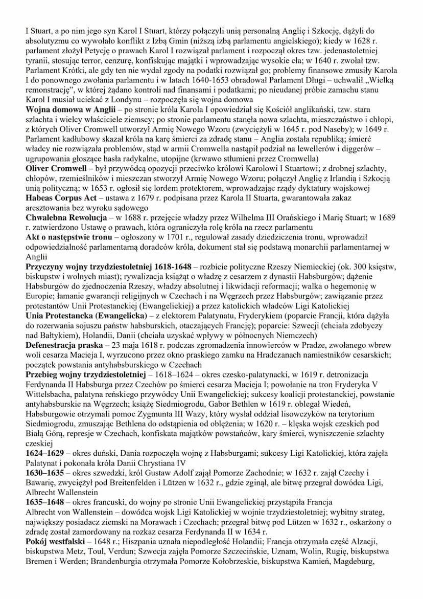 cala Europa:
1. kultura XVII-wiecznej Europy
2. wojna trzydziestoletnia
3. absolutyzm we Francji
4. monarchia parlamentarna w Anglii
Polska: