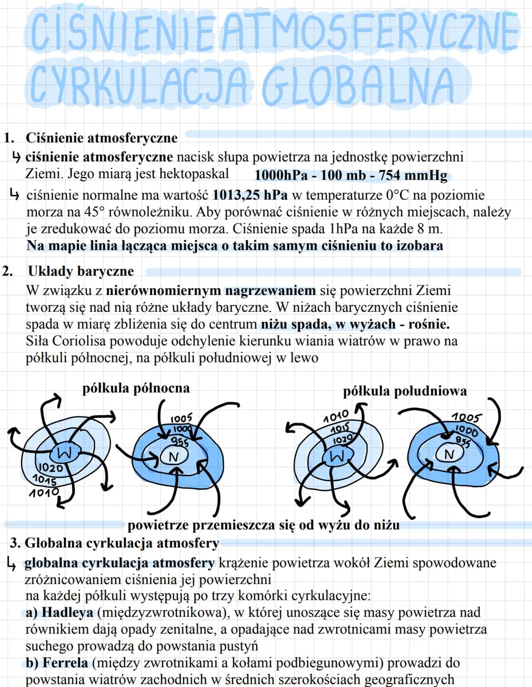 CISNIENIEATMOSFERYCZNE
CYRKULACJA GLOBALNA
1. Ciśnienie atmosferyczne
↳ ciśnienie atmosferyczne nacisk słupa powietrza na jednostkę powierzc