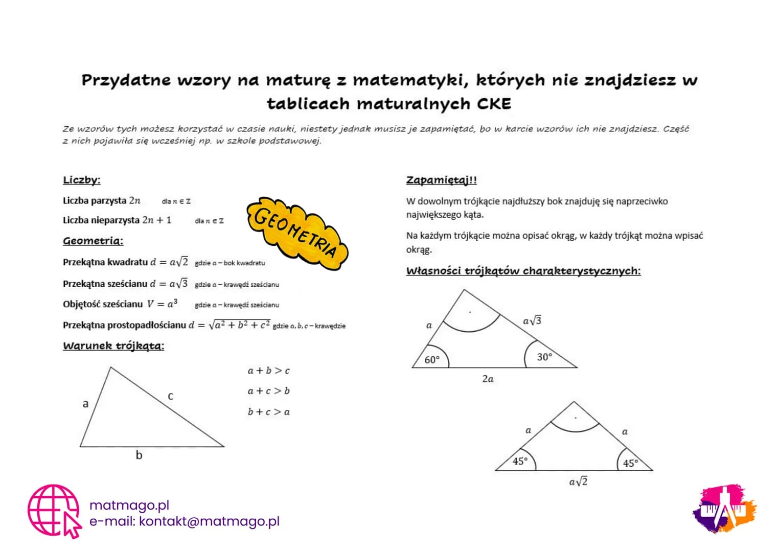 Przydatne wzory na maturę z matematyki, których nie znajdziesz w
tablicach maturalnych CKE
Ze wzorów tych możesz korzystać w czasie nauki, n