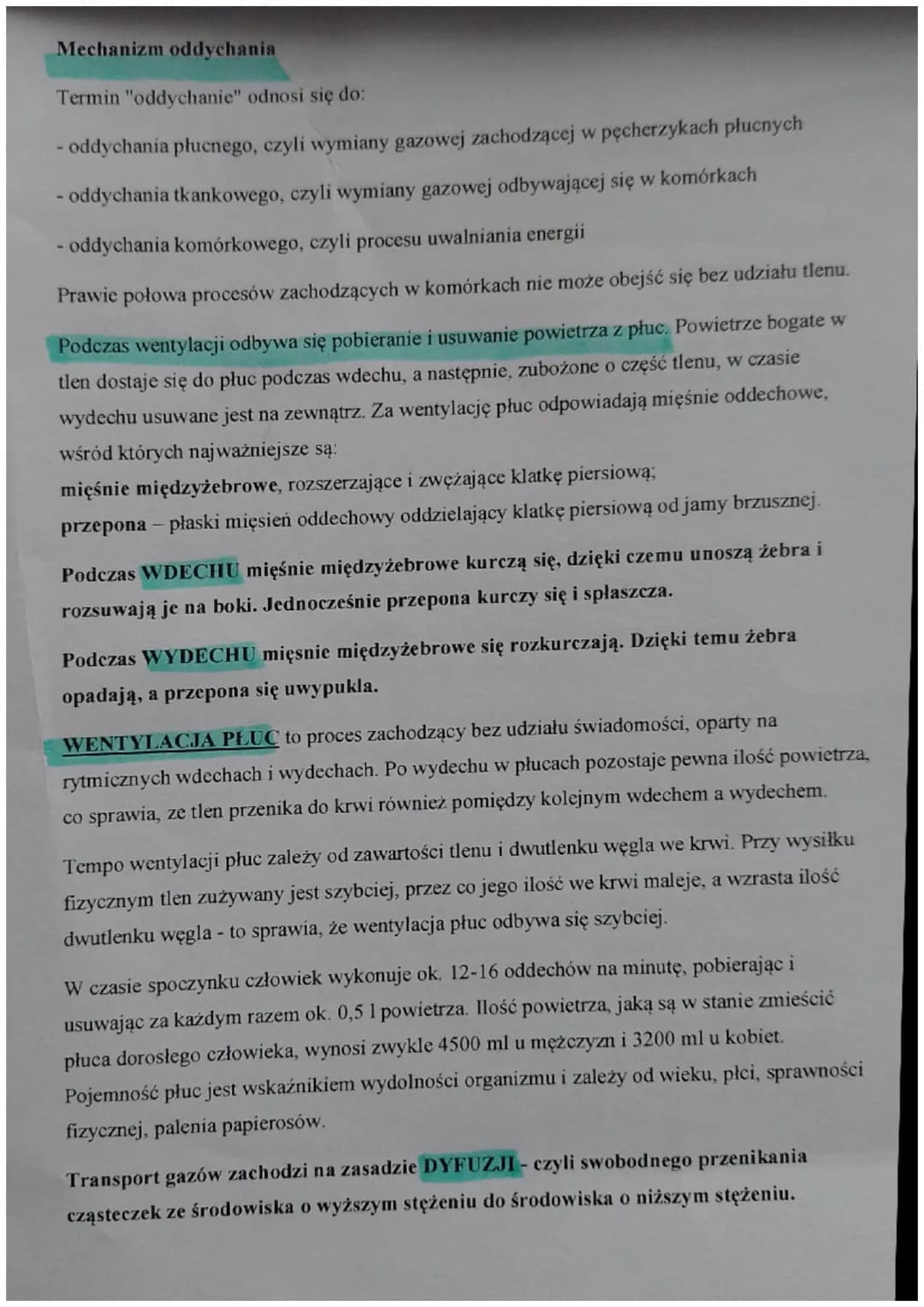 Mechanizm oddychania
Termin "oddychanie" odnosi się do:
- oddychania płucnego, czyli wymiany gazowej zachodzącej w pęcherzykach płucnych
- o