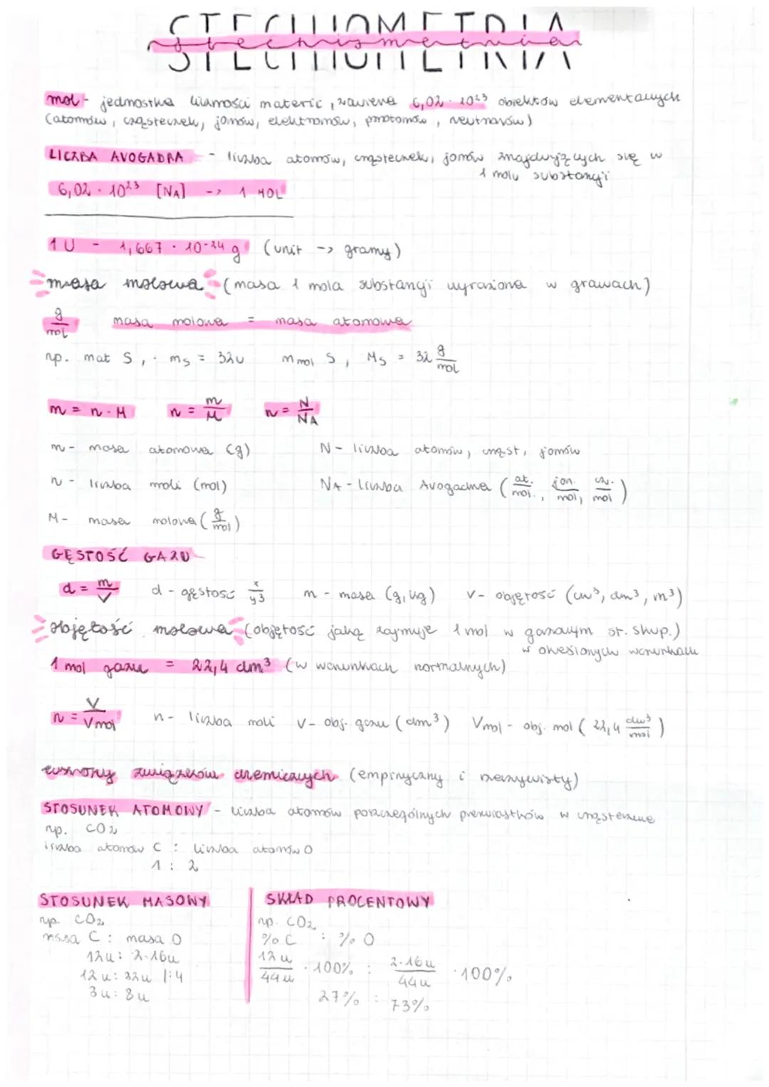 # STECIOMETRIA

mol - jedmosthe wamości materic, xaviere 6,02 1023 obiektów elementarych
(atommow, coasterek, jomow, elektromow, protondo, N