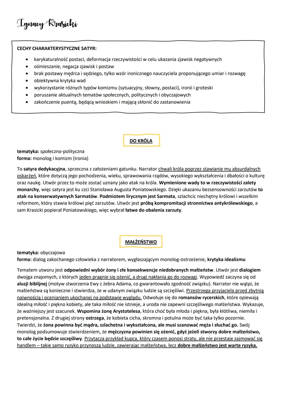 Ignacy Krasicki
CECHY CHARAKTERYSTYCZNE SATYR:
karykaturalność postaci, deformacja rzeczywistości w celu ukazania zjawisk negatywnych
ośmies