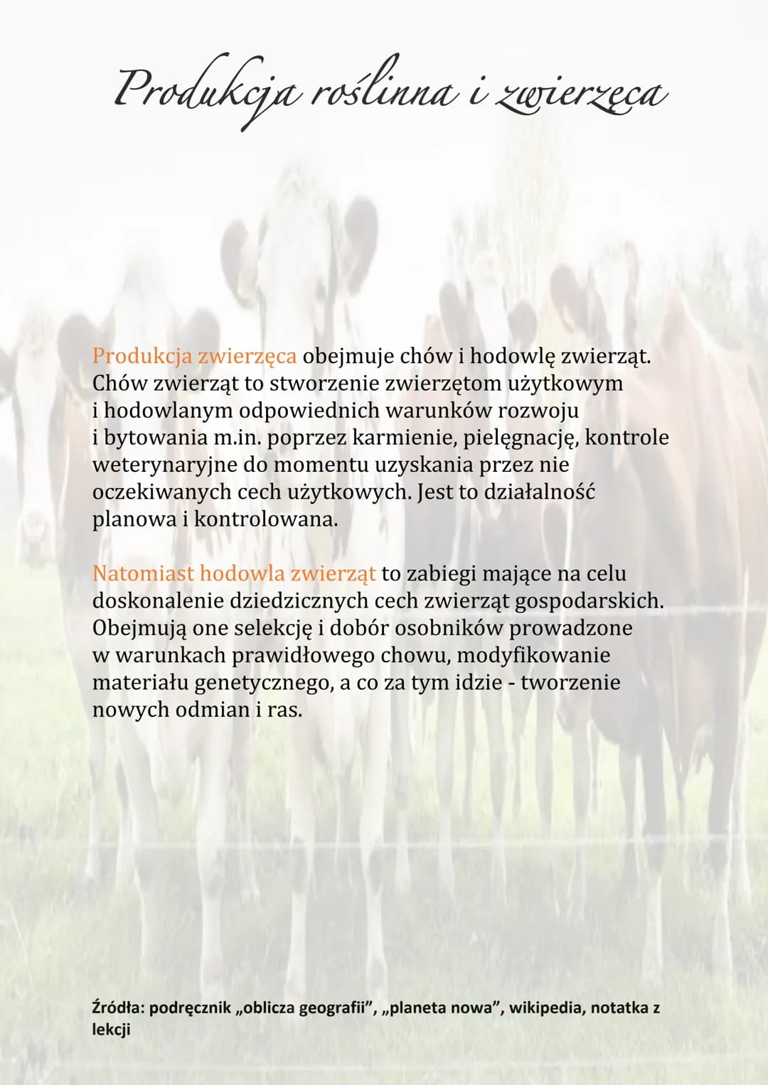 Produkcja roślinna i zwierzęca
Produkcja zwierzęca obejmuje chów i hodowlę zwierząt.
Chów zwierząt to stworzenie zwierzętom użytkowym
i hodo