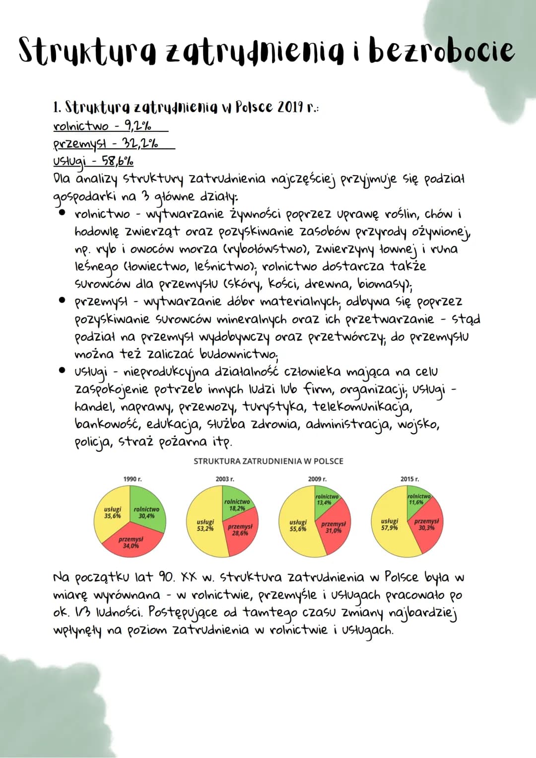 Struktura zatrudnienig i bezrobocie
1. Struktura zatrudnienia w Polsce 2019 r.:
rolnictwo - 9,2%
Przemysł - 32,2%
usługi - 58,6%
Dla analizy
