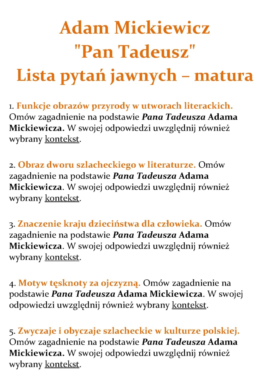 Pan Tadeusz i Przyroda: Fragmenty, Opisy, Motywy i Szlachta - Matura