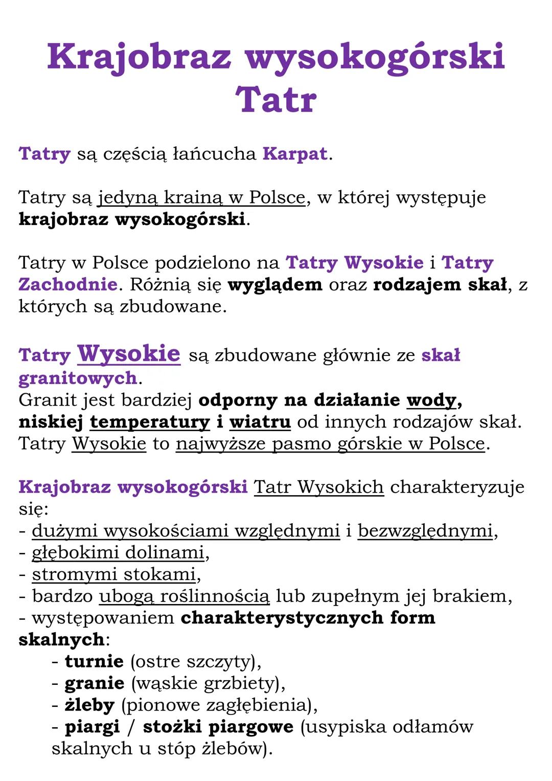 Krajobraz wysokogórski
Tatr
Tatry są częścią łańcucha Karpat.
Tatry są jedyną krainą w Polsce, w której występuje
krajobraz wysokogórski.
Ta