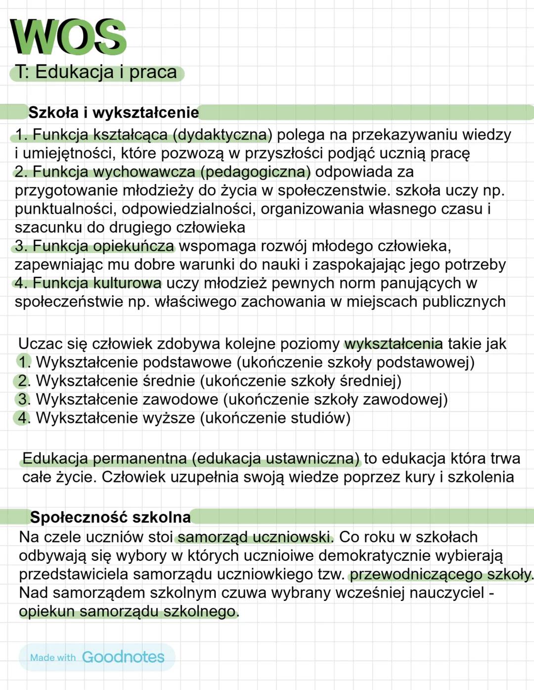 # WOS

T: Edukacja i praca

Szkoła i wykształcenie

1. Funkcja kształcąca (dydaktyczna) polega na przekazywaniu wiedzy
i umiejętności, które