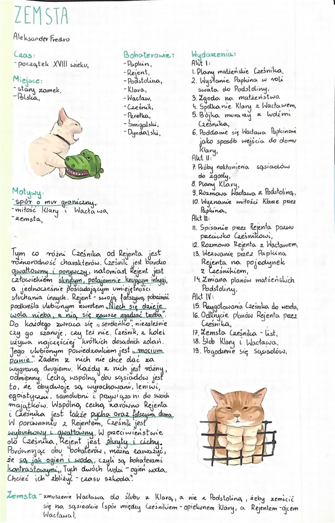 ZEMSTA
Aleksander Fredro
Czas:
-początek XVIII wieku,
Miejsce:
-stary zamek,
-Polska,
SACAR
Motywy:
spór o muv graniczny
-mitość Klary
-zems