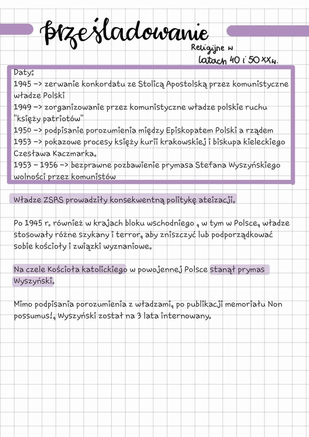 prześladowanie
Daty:
1945 -> zerwanie konkordatu ze Stolicą Apostolską przez komunistyczne
władze Polski
Religijne w
latach 40 i 50 XXw.
194