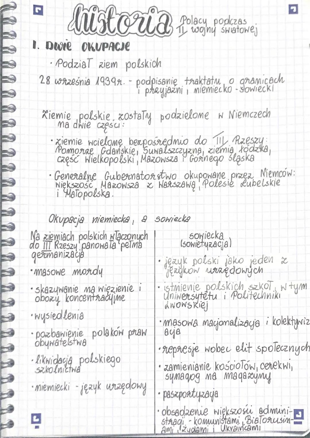 historia
1. Dwie OKUPACJE
• Podział ziem polskich
28 września 1939 r. - podpisanie traktatu o granicach
1 przyjazni i miemiecko-Sowiecki
Rie