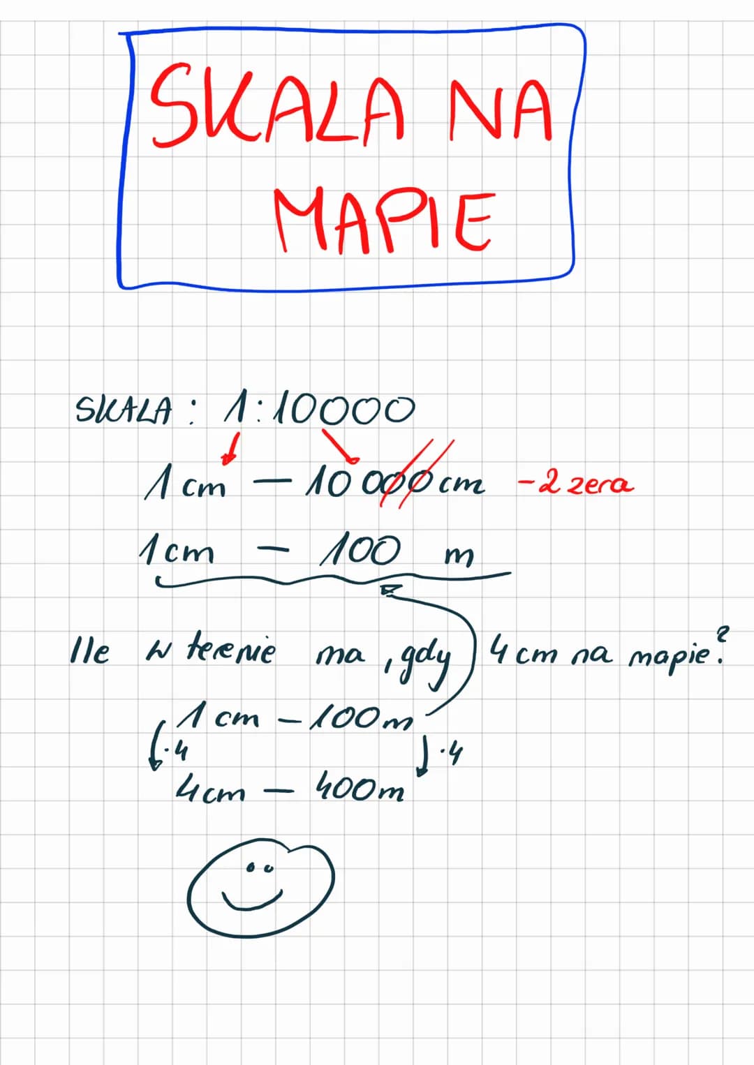 SKALA NA
MAPIE
SKALA 1:10000
●
1 cm - 10000 cm
10000cm - 2 zera
1cm
100
-
lle w terenie ma
1 cm - 100m
4
ист
400m
-
m
, gdy
1.4
2
4cm na map