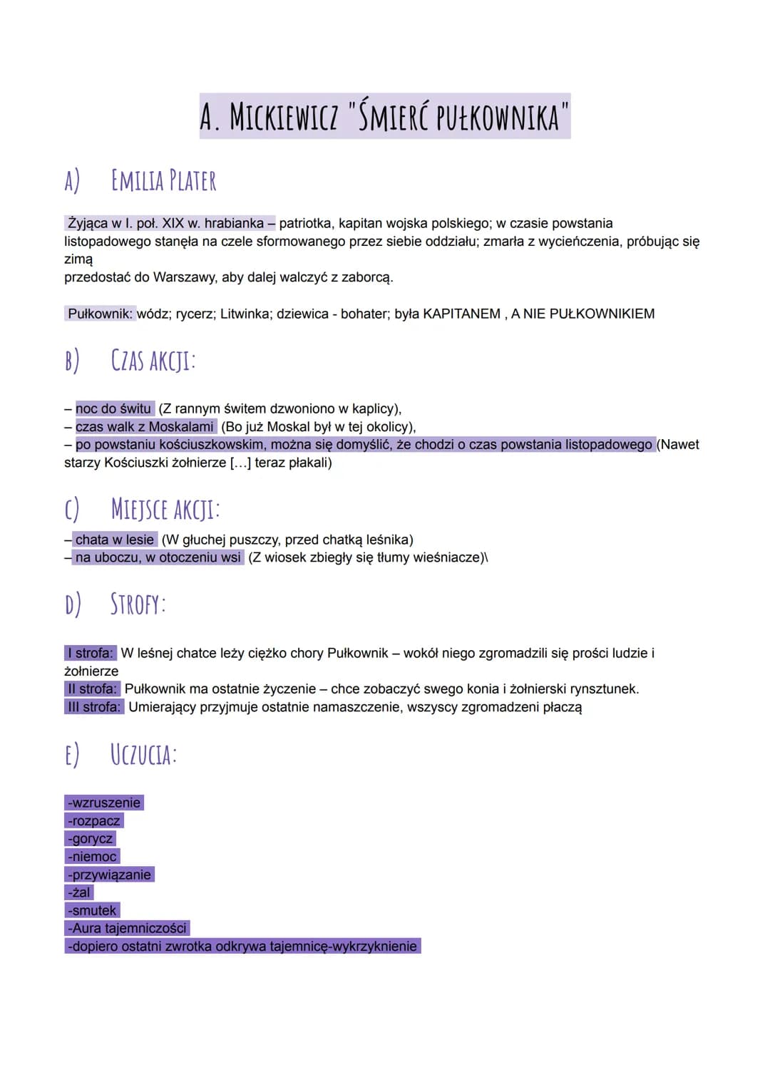 A) EMILIA PLATER
Żyjąca w I. poł. XIX w. hrabianka - patriotka, kapitan wojska polskiego; w czasie powstania
listopadowego stanęła na czele 