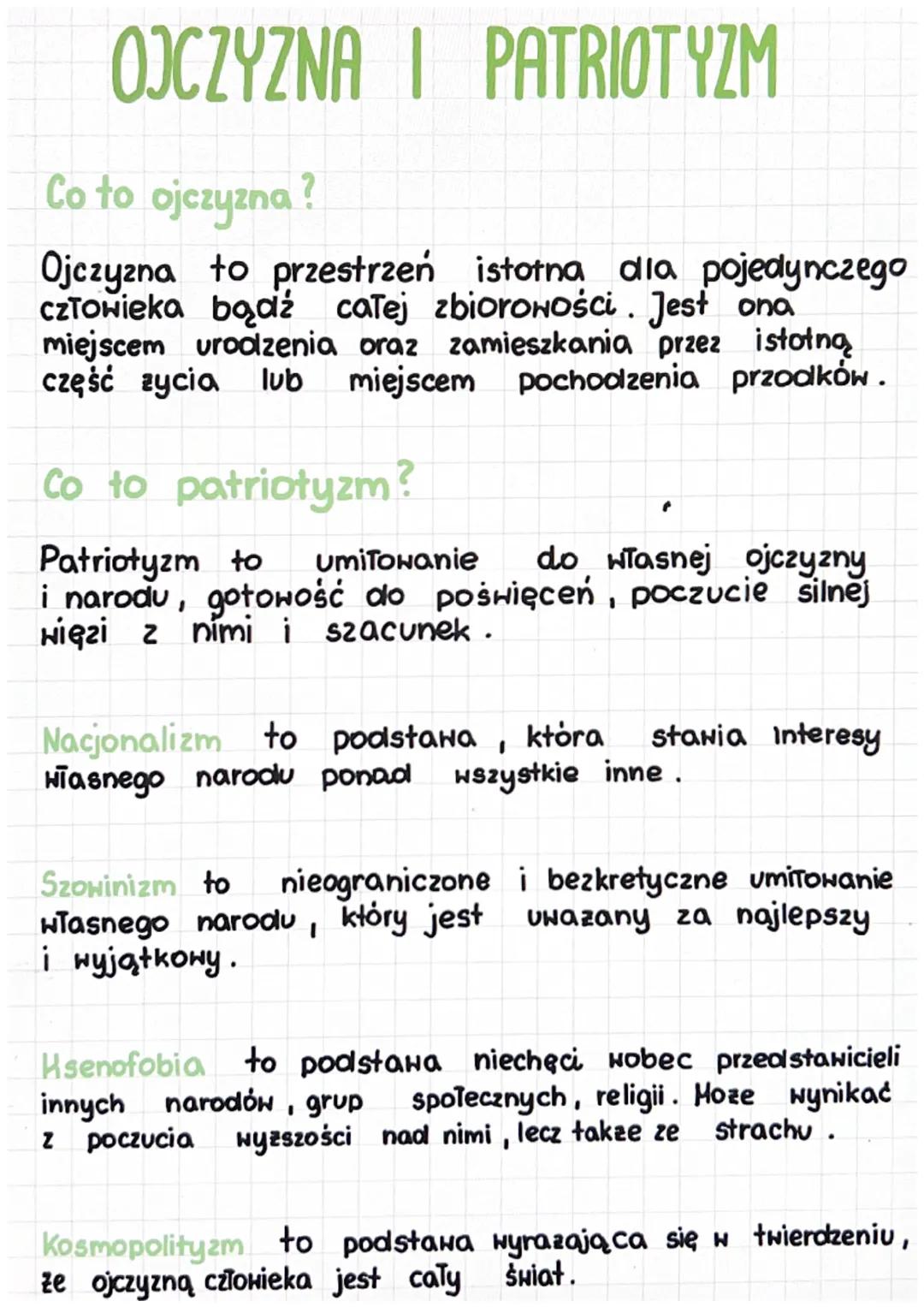 OJCZYZNA I PATRIOTYZM
Co to ojczyzna?
Ojczyzna to przestrzeń istotna dla pojedynczego
człowieka bądź całej zbiorowości. Jest ona
miejscem ur