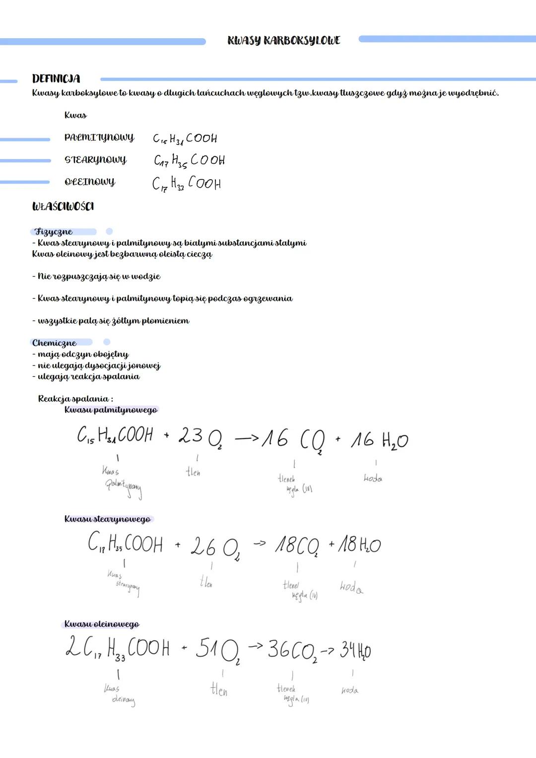 DEFINICJA
Kwasy karboksylowe to kwasy o długich tańcuchach węglowych tzw.kwasy tłuszczowe gdyż można je wyodrębnić.
Kwas
PALMITYNOWY
STEARYN