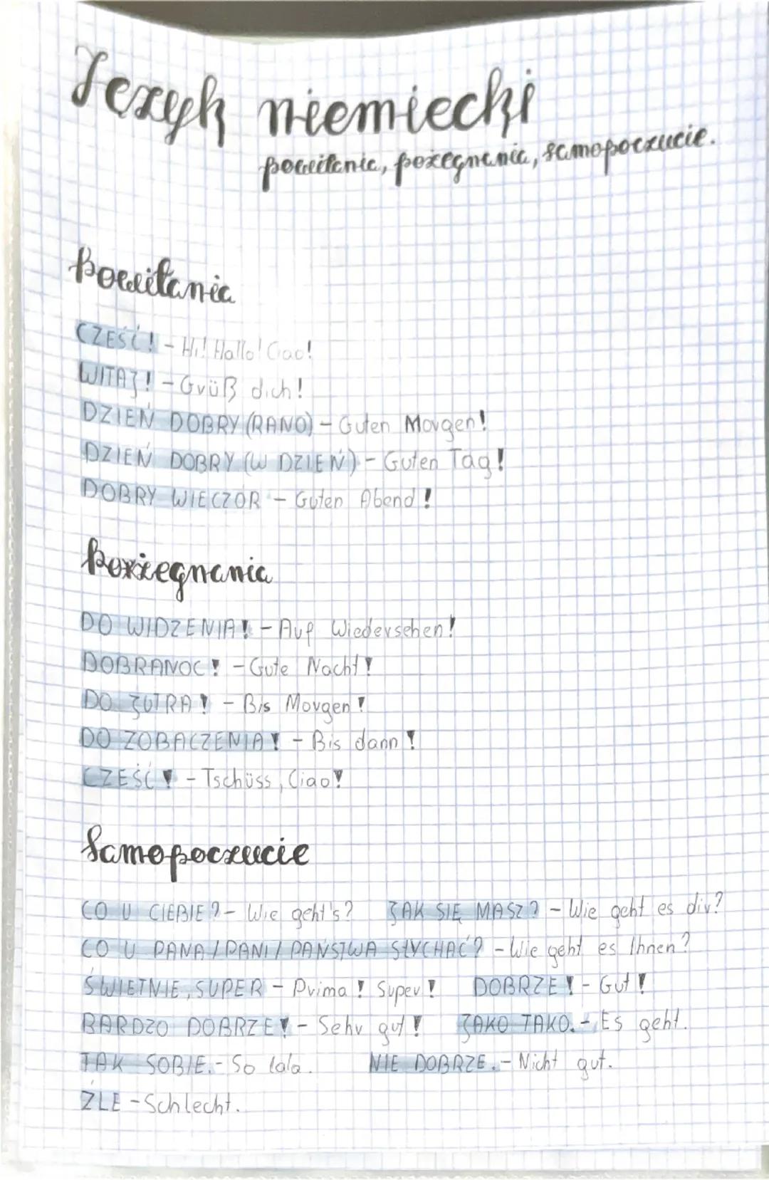 Jezyk niemiecki
boelitania
powitanic, pożegnania, samopoczucie.
CZESC! - Hi! Hallo! Coo!
WITA?! - Grüß dich!
DZIEŃ DOBRY (RANO) - Guten Morg