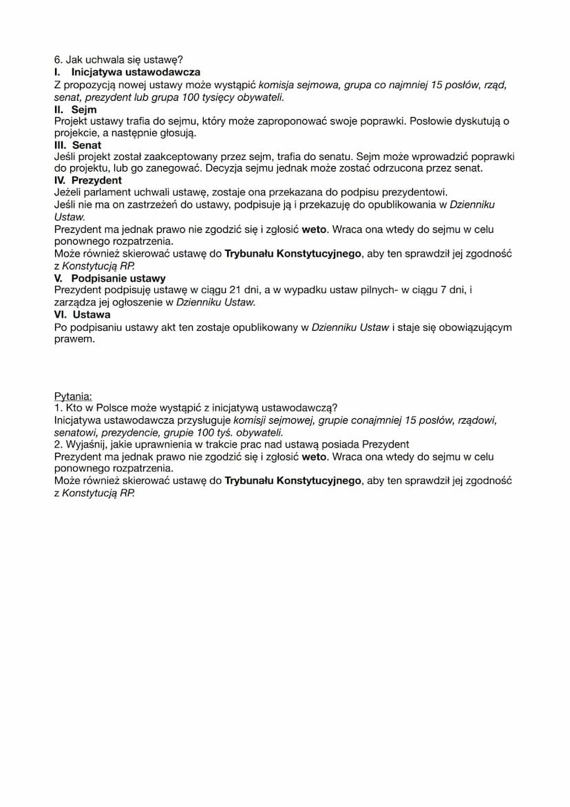 Sejm i senat.
1. Polski parlament
Do zadań parlamentu należy m.in.:
• tworzenie prawa regulującego różne obszary życia społeczeństwa,
określ