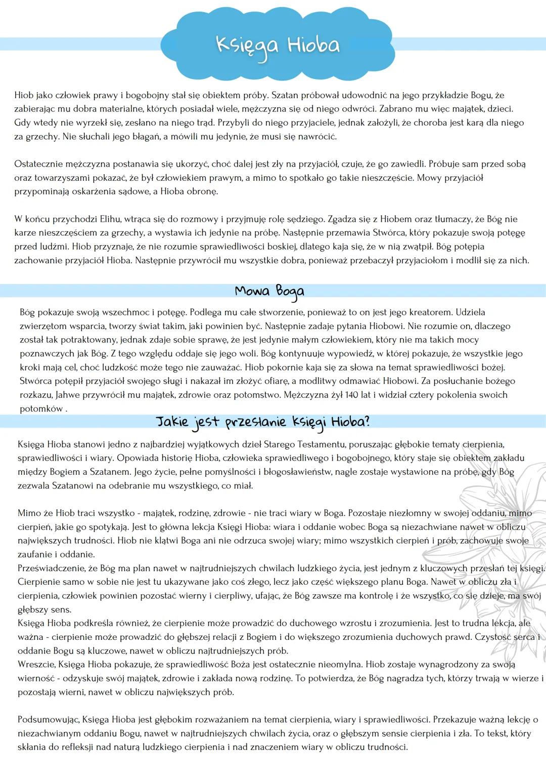 Księga Hioba
Hiob jako człowiek prawy i bogobojny stał się obiektem próby. Szatan próbował udowodnić na jego przykładzie Bogu, że
zabierając