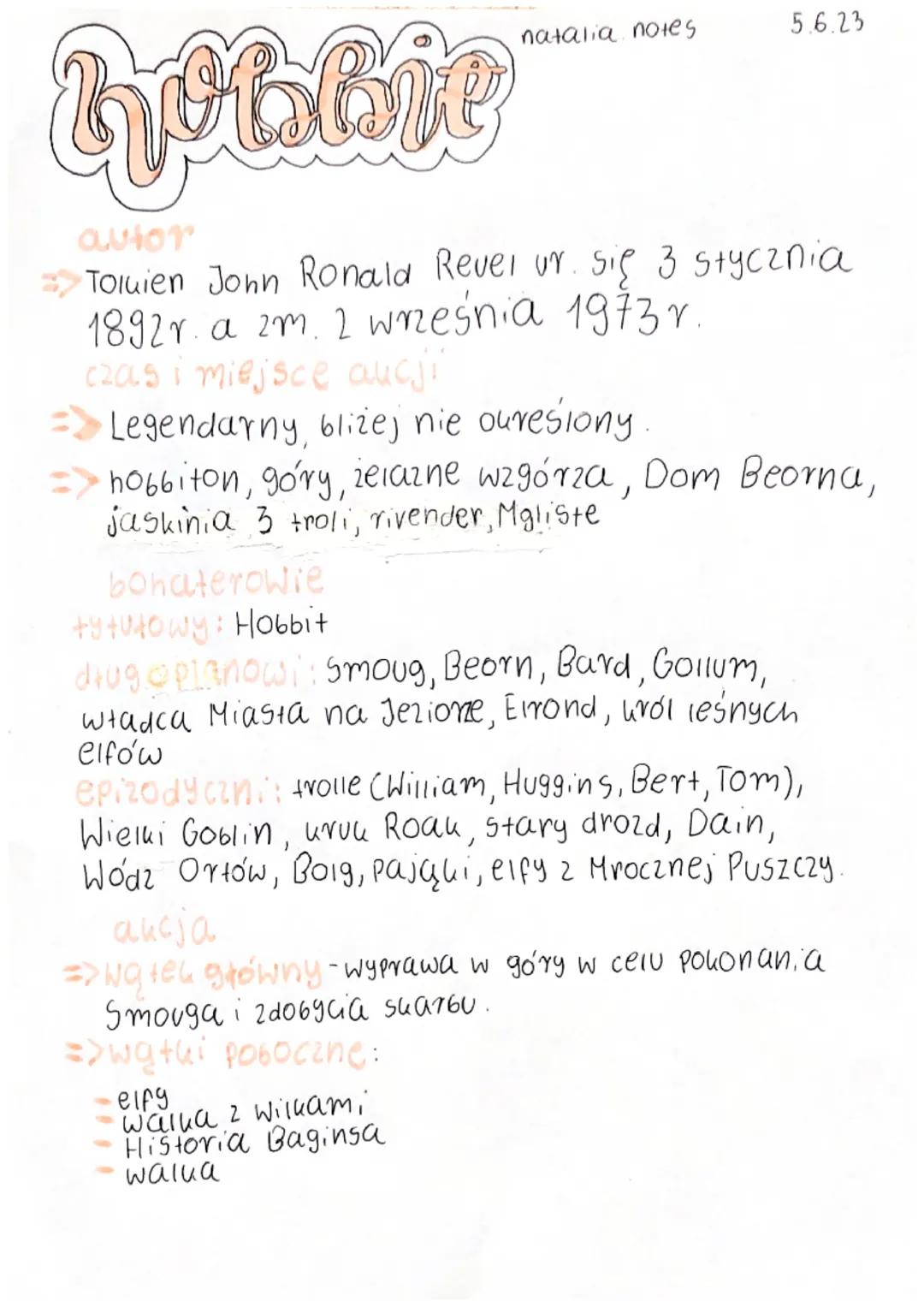 natalia notes
5.6.23
hwishe
autor
Tolkien John Ronald Revel ur. Się 3 stycznia
1892r a zm. 2 września 1973r.
czas i miejsce aucji
Legendarny