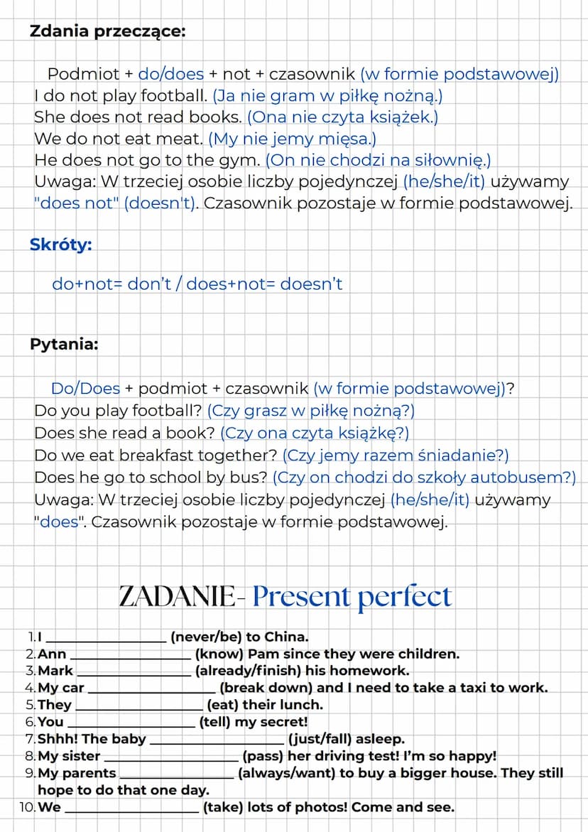 --- OCR Start ---
Czasy- Język
angielski
Powtórka-E8
Teraźniejsze
Present simple-teraźniejszy prosty
Zdania twierdzące:
Podmiot + czasownik 