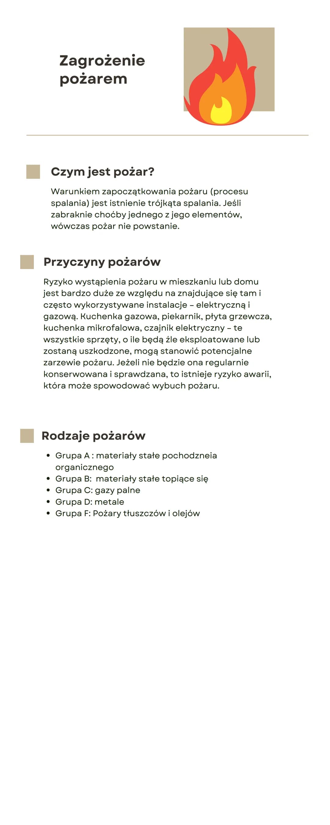 Zagrożenie
pożarem
Czym jest pożar?
Warunkiem zapoczątkowania pożaru (procesu
spalania) jest istnienie trójkąta spalania. Jeśli
zabraknie ch
