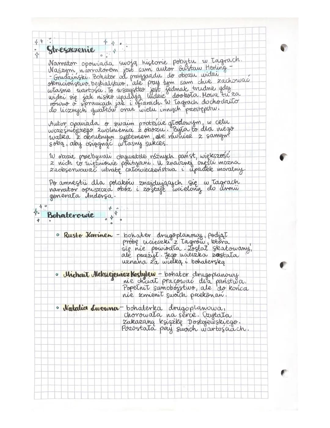 ☆
Streszczenie 4
。
Namator opowiada swoją historie pobytu Tagrach.
Naszym narratorem jest sam autor Gustaw Herling -
-Grudzinski. Bohater od