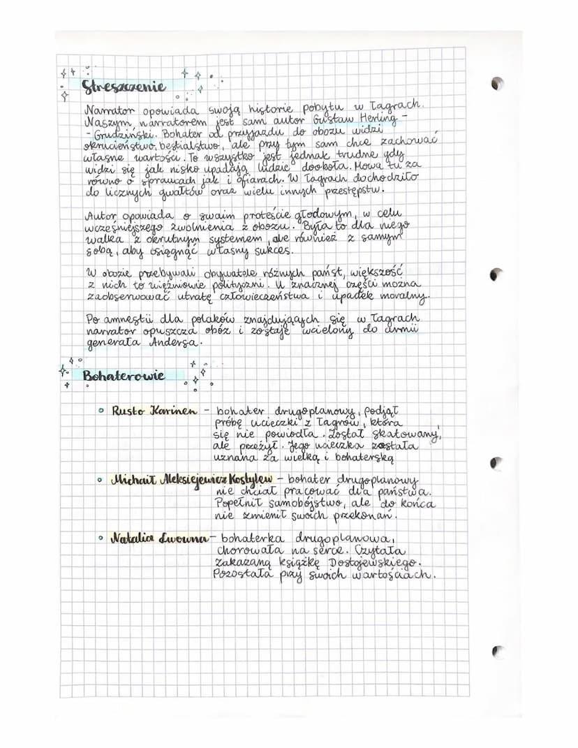☆
Streszczenie 4
。
Namator opowiada swoją historie pobytu Tagrach.
Naszym narratorem jest sam autor Gustaw Herling -
-Grudzinski. Bohater od