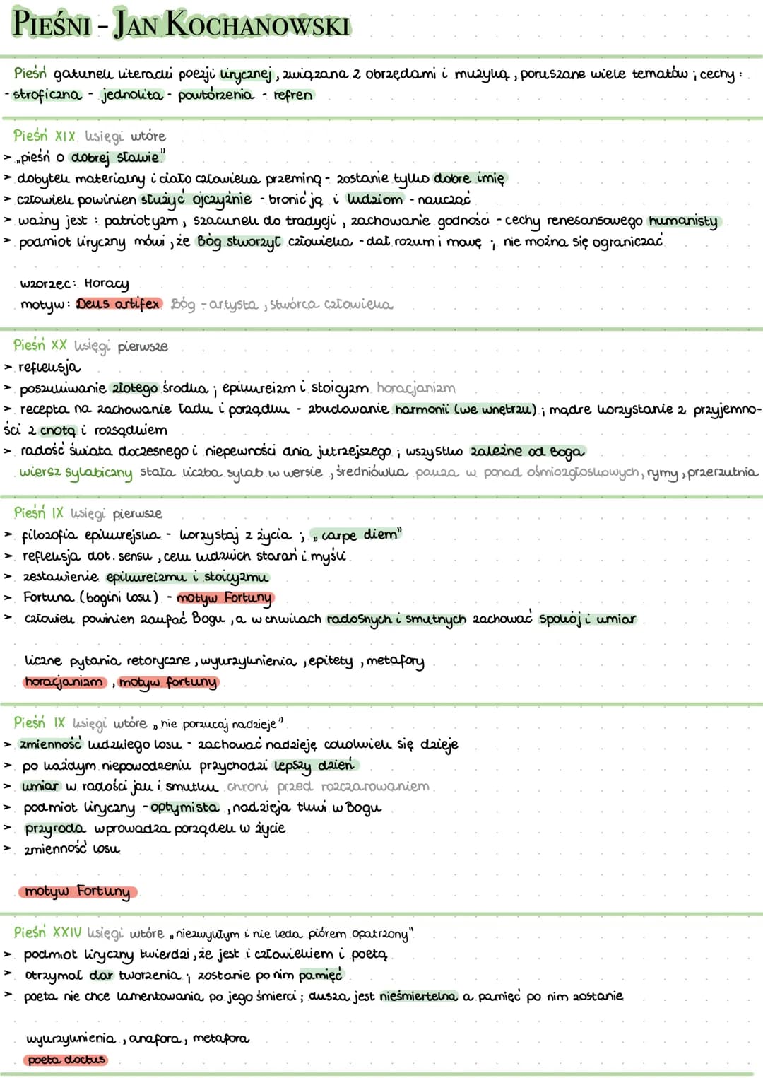 PIEŚNI - JAN KOCHANOWSKI
Pieśn gatuneu literacui poezji lirycznej, związana z obrzędami i muzyką, poruszane wiele tematów; cechy:
-stroficzn