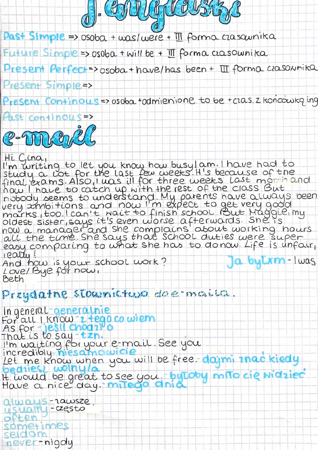 J. anglashs
Past Simple => osoba + was/ were + III forma czasownika
Future Simple => osoba + will be + III forma czasownika
Present Perfect 